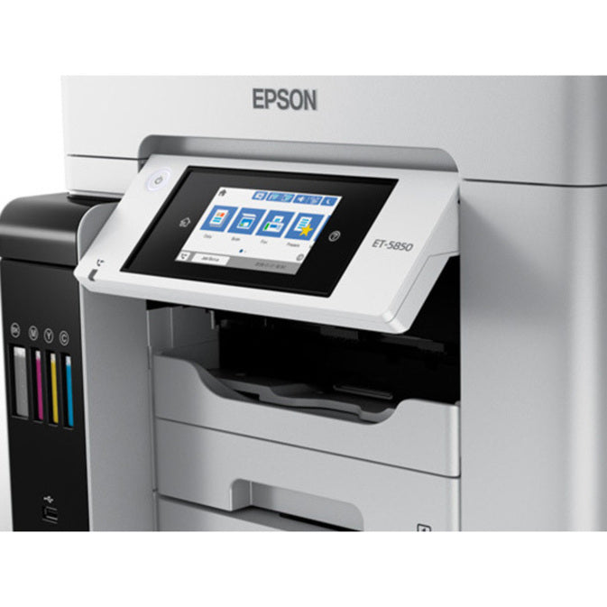 Epson ET-5850 Inkjet Multifunction Printer-Color-Copier/Fax/Scanner-4800x1200 dpi Print-Automatic Duplex Print-66000 Pages-550 sheets Input-1200 dpi Optical Scan-Color Fax-Wireless LAN-Epson Connect-Epson Email Print-Epson iPrint-Mopria C11CJ29201