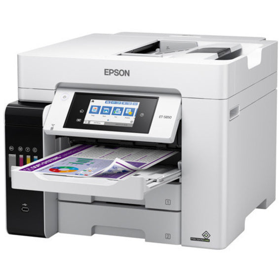 Epson ET-5850 Inkjet Multifunction Printer-Color-Copier/Fax/Scanner-4800x1200 dpi Print-Automatic Duplex Print-66000 Pages-550 sheets Input-1200 dpi Optical Scan-Color Fax-Wireless LAN-Epson Connect-Epson Email Print-Epson iPrint-Mopria C11CJ29201