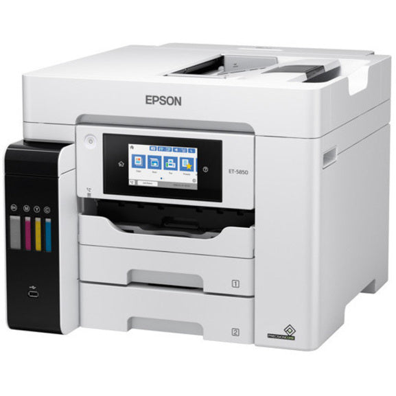 Epson ET-5850 Inkjet Multifunction Printer-Color-Copier/Fax/Scanner-4800x1200 dpi Print-Automatic Duplex Print-66000 Pages-550 sheets Input-1200 dpi Optical Scan-Color Fax-Wireless LAN-Epson Connect-Epson Email Print-Epson iPrint-Mopria C11CJ29201