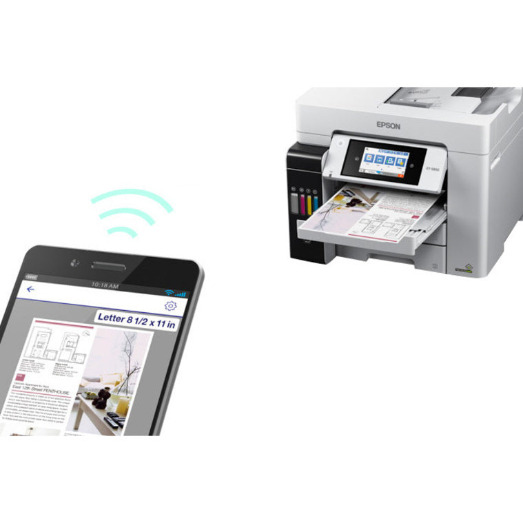 Epson ET-5850 Inkjet Multifunction Printer-Color-Copier/Fax/Scanner-4800x1200 dpi Print-Automatic Duplex Print-66000 Pages-550 sheets Input-1200 dpi Optical Scan-Color Fax-Wireless LAN-Epson Connect-Epson Email Print-Epson iPrint-Mopria C11CJ29201