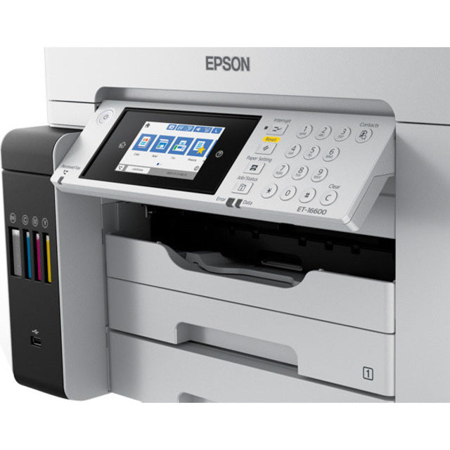Epson ET-16600 Inkjet Multifunction Printer-Color-Copier/Fax/Scanner-4800x1200 dpi Print-Automatic Duplex Print-66000 Pages-550 sheets Input-1200 dpi Optical Scan-Color Fax-Wireless LAN-Epson Connect-Epson Email Print-Epson iPrint-Mopria C11CH72201