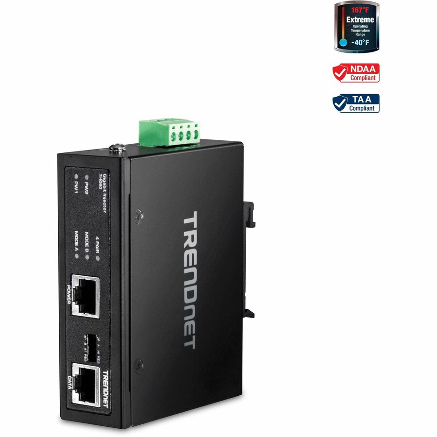 Injecteur PoE+ Gigabit industriel renforcé TRENDnet 60 W, montage sur rail DIN, boîtier IP30, comprend des supports pour rail DIN et muraux, TI-IG60 TI-IG60