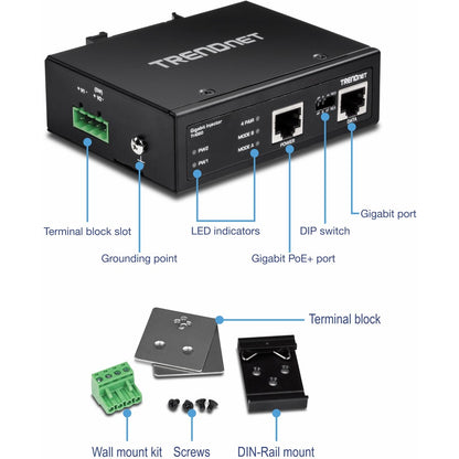 Injecteur PoE+ Gigabit industriel renforcé TRENDnet 60 W, montage sur rail DIN, boîtier IP30, comprend des supports pour rail DIN et muraux, TI-IG60 TI-IG60