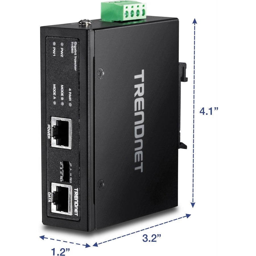 Injecteur PoE+ Gigabit industriel renforcé TRENDnet 60 W, montage sur rail DIN, boîtier IP30, comprend des supports pour rail DIN et muraux, TI-IG60 TI-IG60