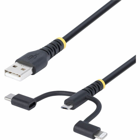 Câble de chargement USB robuste StarTech.com de 1 m, USB vers Lightning/Micro-USB/Type-C, Apple MFi, gaine en aramide, cordon de chargeur 3 en 1 RLTCUB1MBK