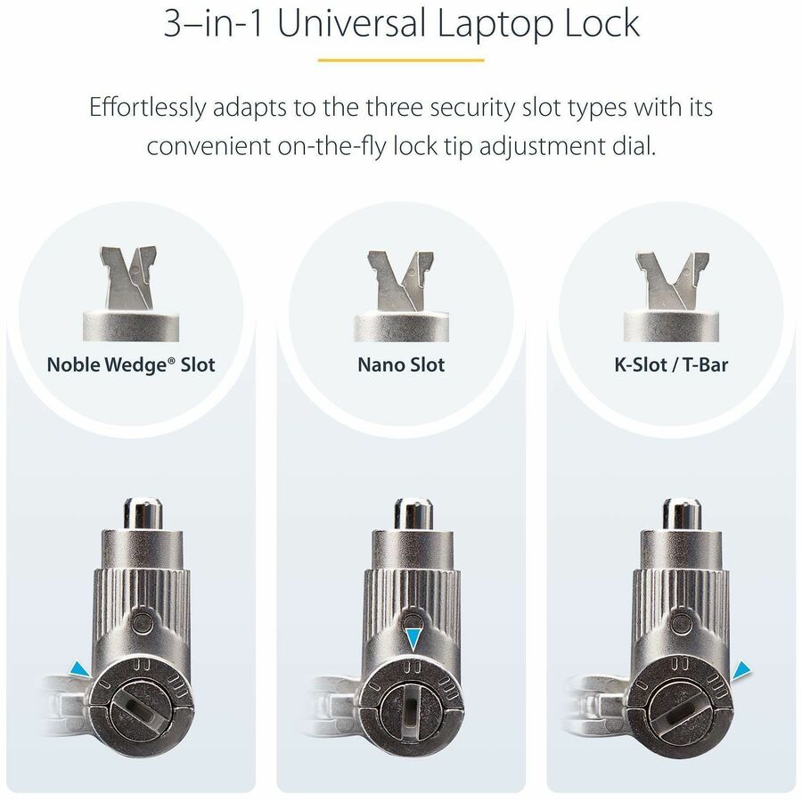 StarTech.com Câble de verrouillage universel 3 en 1 pour ordinateur portable de 2 m, câble de verrouillage à clé principale, câble de sécurité, compatible avec Noble Wedge®/Nano/K-Slot UNIVKMKO-LAPTOP-LOCK