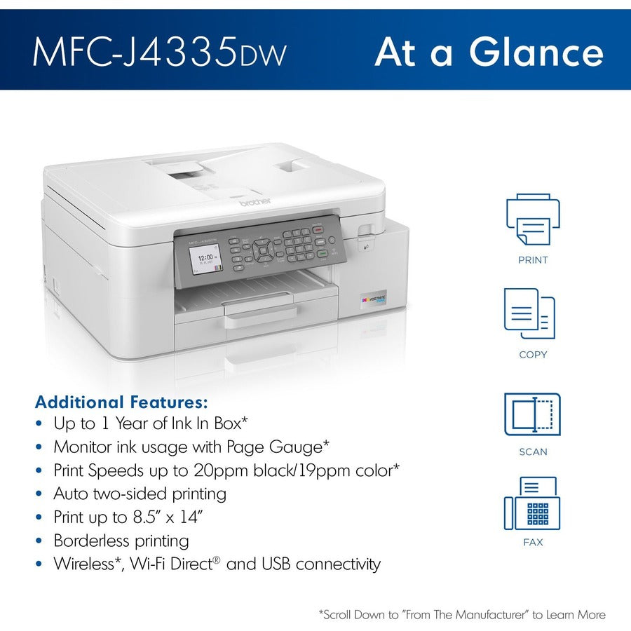 Brother INKvestment Tank MFC-J4335DW Wireless Inkjet Multifunction Printer - Color MFCJ4335DW