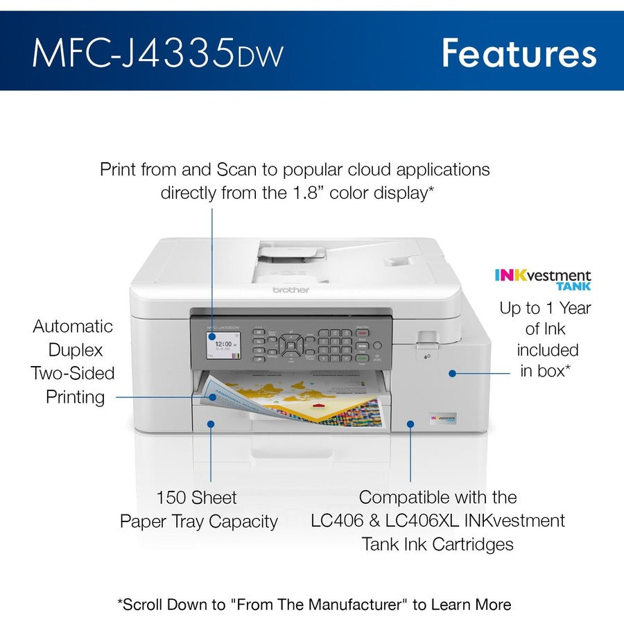 Brother INKvestment Tank MFC-J4335DW Wireless Inkjet Multifunction Printer - Color MFCJ4335DW