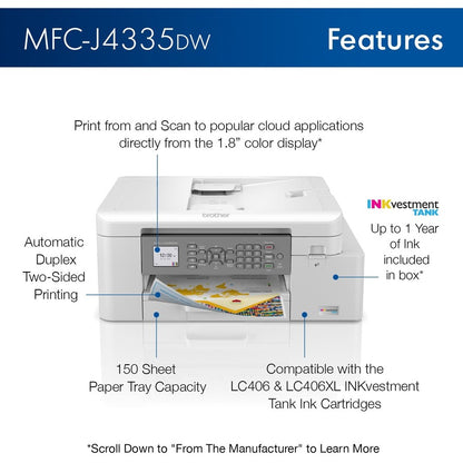 Brother INKvestment Tank MFC-J4335DW Wireless Inkjet Multifunction Printer - Color MFCJ4335DW