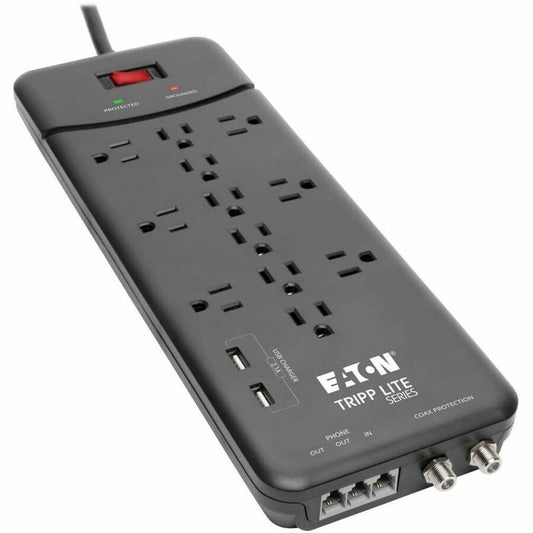 Multiprise avec parasurtenseur Tripp Lite 12 prises, 2 ports de chargement USB Tél/Modem/Coax - 12 x NEMA 5-15R, 2 x USB - 1800 VA - 4320 J - Entrée 120 V CA - Téléphone/Fax/Modem/DSL, Câble coaxial TLP128TTUSBB