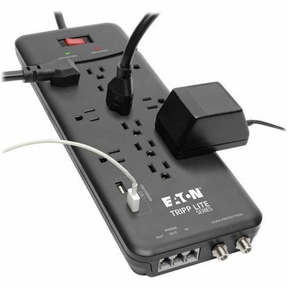 Multiprise avec parasurtenseur Tripp Lite 12 prises, 2 ports de chargement USB Tél/Modem/Coax - 12 x NEMA 5-15R, 2 x USB - 1800 VA - 4320 J - Entrée 120 V CA - Téléphone/Fax/Modem/DSL, Câble coaxial TLP128TTUSBB