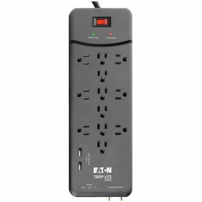Multiprise avec parasurtenseur Tripp Lite 12 prises, 2 ports de chargement USB Tél/Modem/Coax - 12 x NEMA 5-15R, 2 x USB - 1800 VA - 4320 J - Entrée 120 V CA - Téléphone/Fax/Modem/DSL, Câble coaxial TLP128TTUSBB