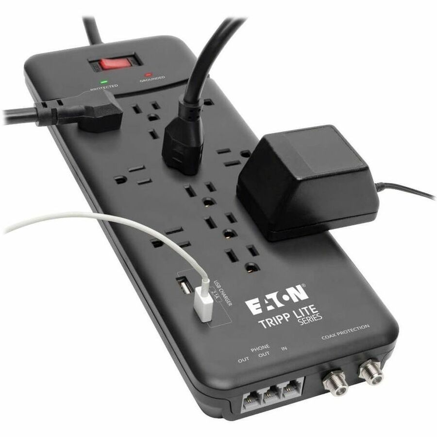 Multiprise avec parasurtenseur Tripp Lite 12 prises, 2 ports de chargement USB Tél/Modem/Coax - 12 x NEMA 5-15R, 2 x USB - 1800 VA - 4320 J - Entrée 120 V CA - Téléphone/Fax/Modem/DSL, Câble coaxial TLP128TTUSBB