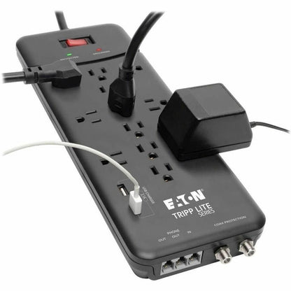 Multiprise avec parasurtenseur Tripp Lite 12 prises, 2 ports de chargement USB Tél/Modem/Coax - 12 x NEMA 5-15R, 2 x USB - 1800 VA - 4320 J - Entrée 120 V CA - Téléphone/Fax/Modem/DSL, Câble coaxial TLP128TTUSBB