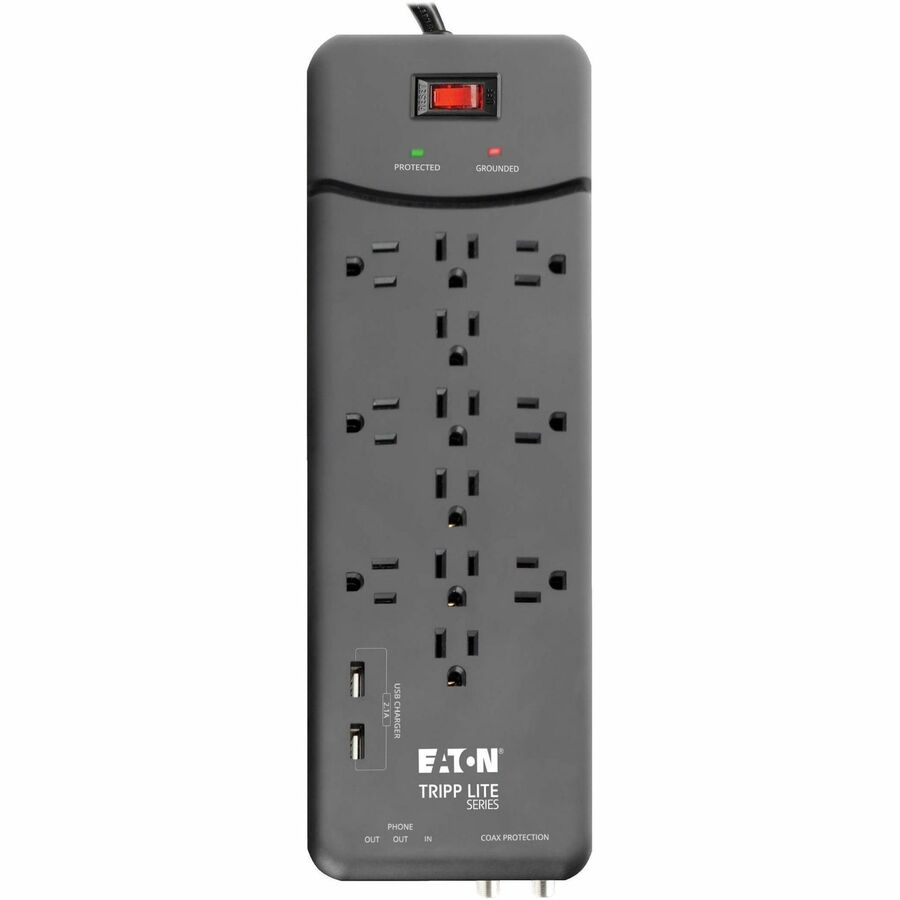Multiprise avec parasurtenseur Tripp Lite 12 prises, 2 ports de chargement USB Tél/Modem/Coax - 12 x NEMA 5-15R, 2 x USB - 1800 VA - 4320 J - Entrée 120 V CA - Téléphone/Fax/Modem/DSL, Câble coaxial TLP128TTUSBB