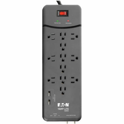 Multiprise avec parasurtenseur Tripp Lite 12 prises, 2 ports de chargement USB Tél/Modem/Coax - 12 x NEMA 5-15R, 2 x USB - 1800 VA - 4320 J - Entrée 120 V CA - Téléphone/Fax/Modem/DSL, Câble coaxial TLP128TTUSBB