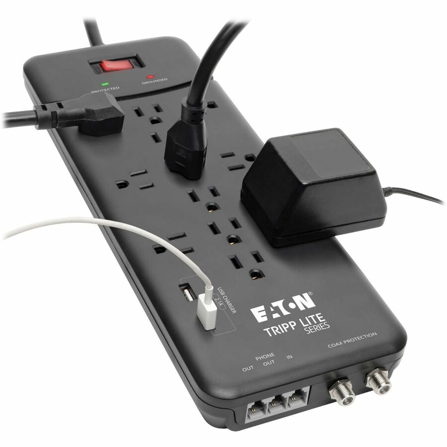 Multiprise avec parasurtenseur Tripp Lite 12 prises, 2 ports de chargement USB Tél/Modem/Coax - 12 x NEMA 5-15R, 2 x USB - 1800 VA - 4320 J - Entrée 120 V CA - Téléphone/Fax/Modem/DSL, Câble coaxial TLP128TTUSBB