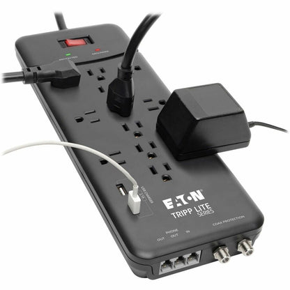 Multiprise avec parasurtenseur Tripp Lite 12 prises, 2 ports de chargement USB Tél/Modem/Coax - 12 x NEMA 5-15R, 2 x USB - 1800 VA - 4320 J - Entrée 120 V CA - Téléphone/Fax/Modem/DSL, Câble coaxial TLP128TTUSBB