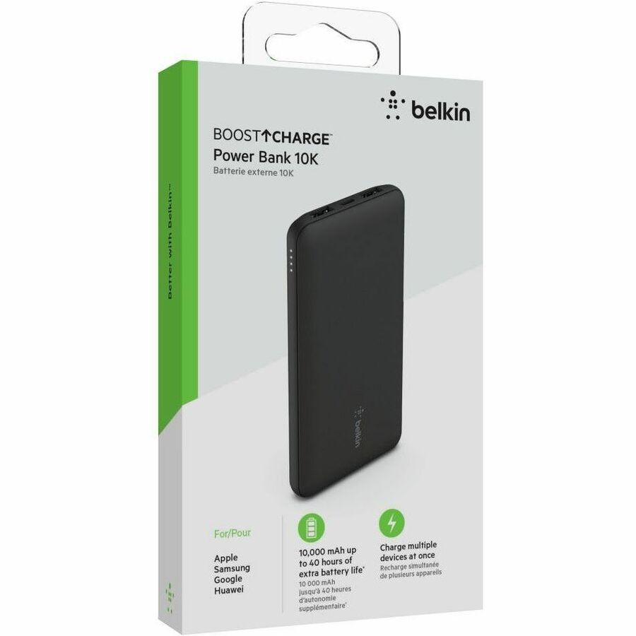 Chargeur portatif Belkin 15 W USB-C 3 ports - 10 000 mAh - 1 x USB-C (15 W), 2 x USB-A (10 W) - Chargeur portable - avec câble USB-C - Noir BPB011BTBK