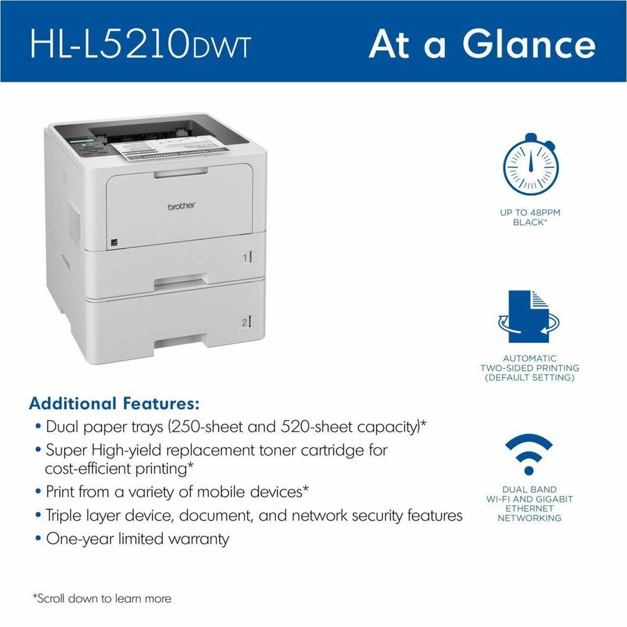 Brother HL HL-L5210DW Desktop Wireless Laser Printer - Monochrome HLL5210DWT