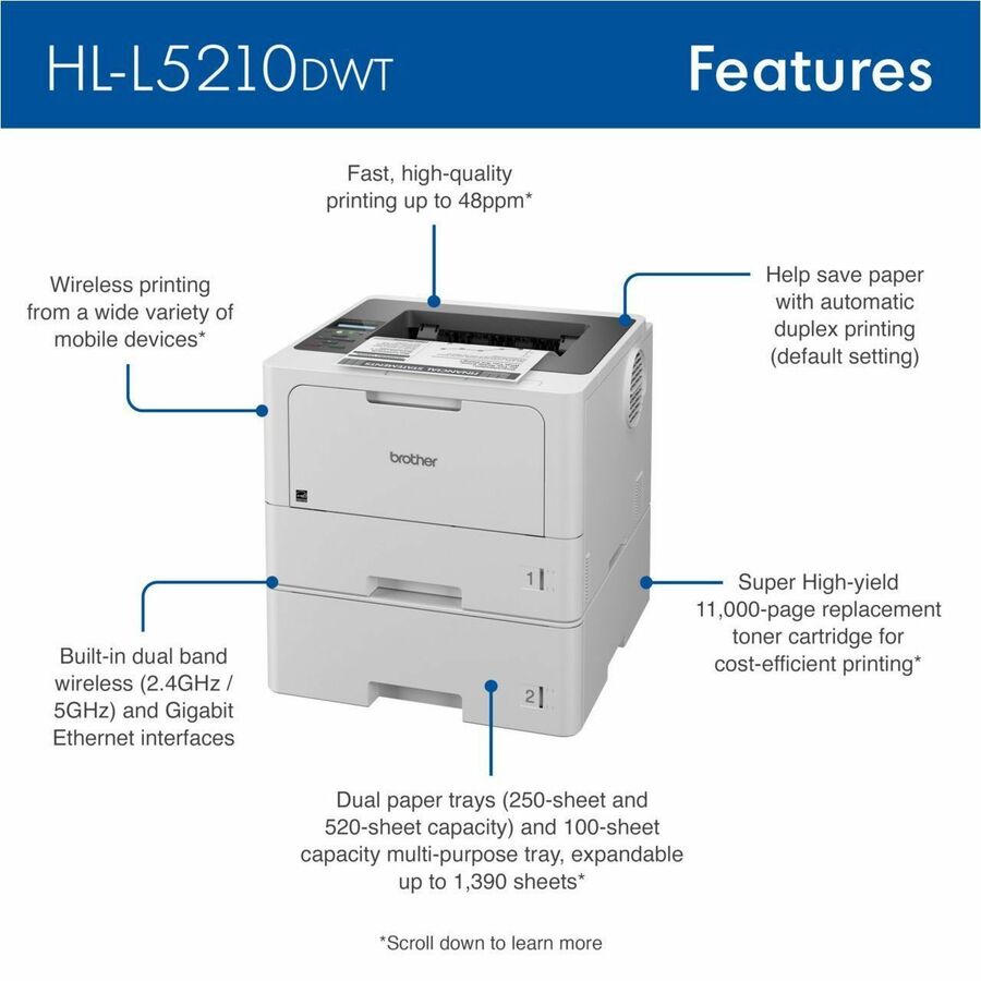 Brother HL HL-L5210DW Desktop Wireless Laser Printer - Monochrome HLL5210DWT