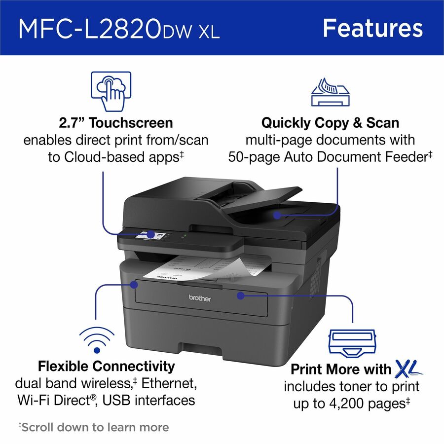 Brother MFC-L2820DWXL Wireless Laser Multifunction Printer - Monochrome - Gray MFCL2820DWXL