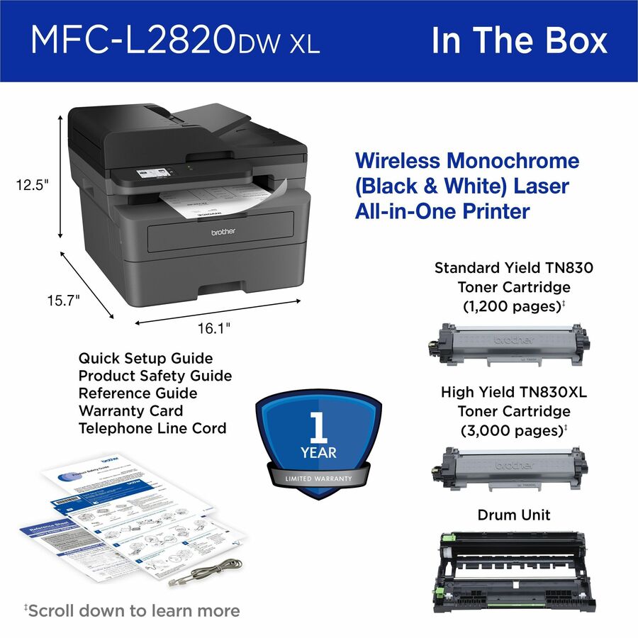 Brother MFC-L2820DWXL Wireless Laser Multifunction Printer - Monochrome - Gray MFCL2820DWXL