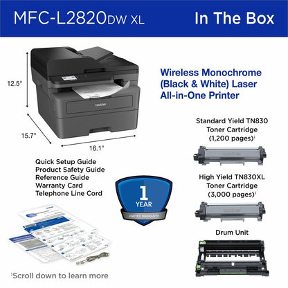 Brother MFC-L2820DWXL Wireless Laser Multifunction Printer - Monochrome - Gray MFCL2820DWXL
