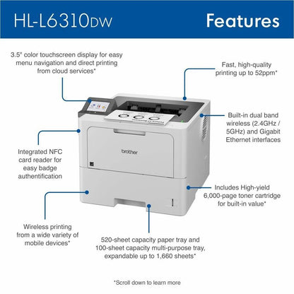 Brother HL HL-L6310DW Desktop Wireless Laser Printer - Monochrome HLL6310DW