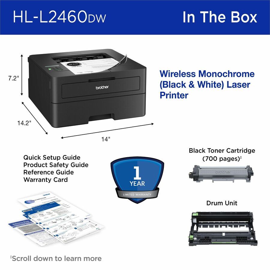 Brother HL-L2460DW Desktop Wired Laser Printer - Monochrome HLL2460DW