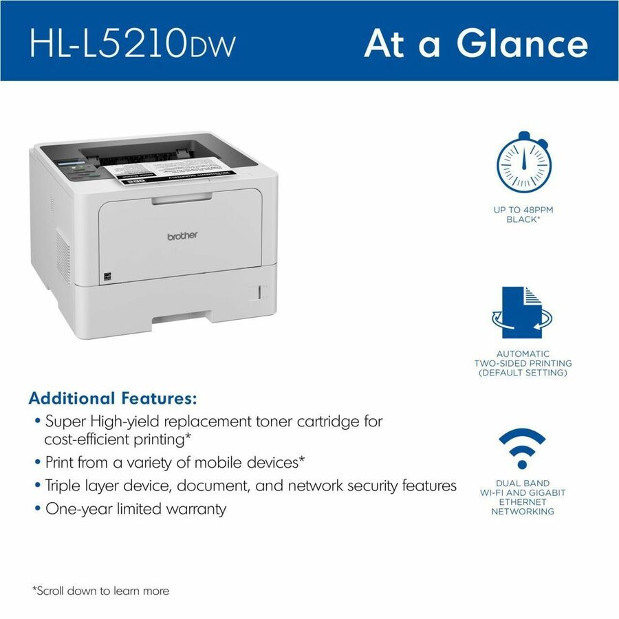 Brother HL HL-L5210DW Desktop Wireless Laser Printer - Monochrome HLL5210DW