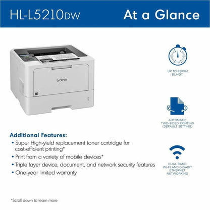 Brother HL HL-L5210DW Desktop Wireless Laser Printer - Monochrome HLL5210DW
