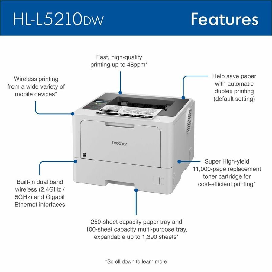 Brother HL HL-L5210DW Desktop Wireless Laser Printer - Monochrome HLL5210DW