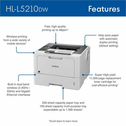 Brother HL HL-L5210DW Desktop Wireless Laser Printer - Monochrome HLL5210DW