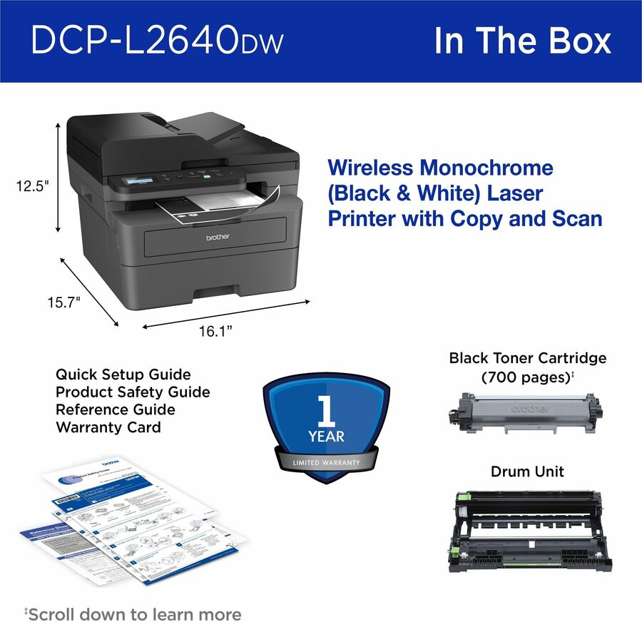 Brother DCP-L2640DW Wireless Laser Multifunction Printer - Monochrome - Gray DCPL2640DW