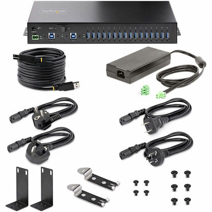StarTech.com Hub USB industriel 5 Gbit/s à 16 ports avec adaptateur d'alimentation, montable, alimentation par bornier, chargement USB, hub/commutateur double hôte S5G16AINDS-USB-A-HUB