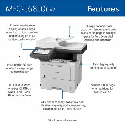Brother MFC-L6810DW Wireless Laser Multifunction Printer - Monochrome - Gray MFCL6810DW