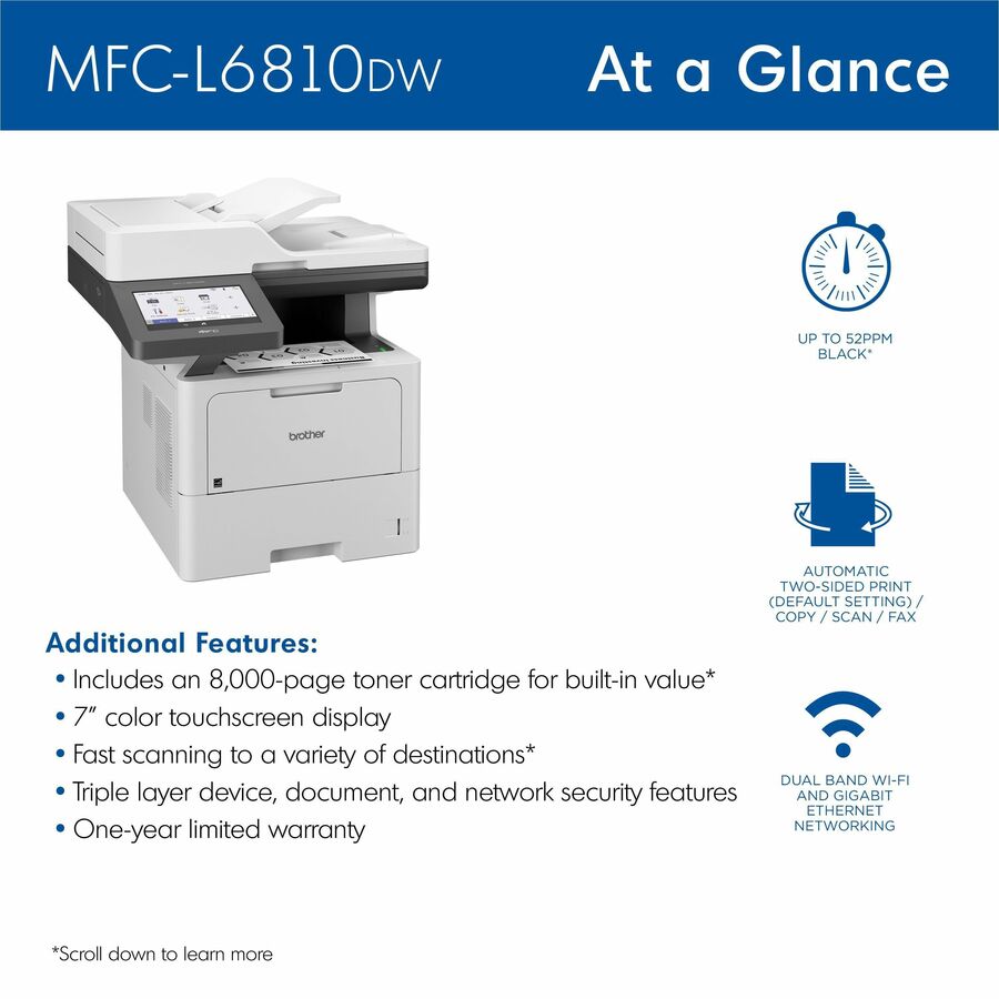 Brother MFC-L6810DW Wireless Laser Multifunction Printer - Monochrome - Gray MFCL6810DW