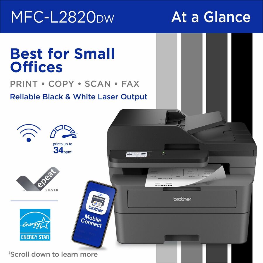 Brother MFC-L2820DW Wireless Laser Multifunction Printer - Monochrome - Gray MFCL2820DW