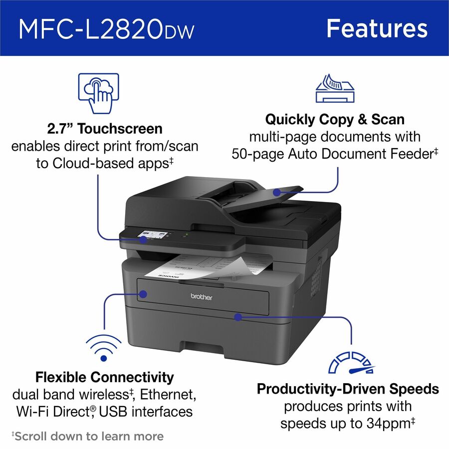 Brother MFC-L2820DW Wireless Laser Multifunction Printer - Monochrome - Gray MFCL2820DW