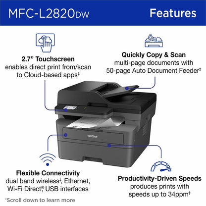 Brother MFC-L2820DW Wireless Laser Multifunction Printer - Monochrome - Gray MFCL2820DW