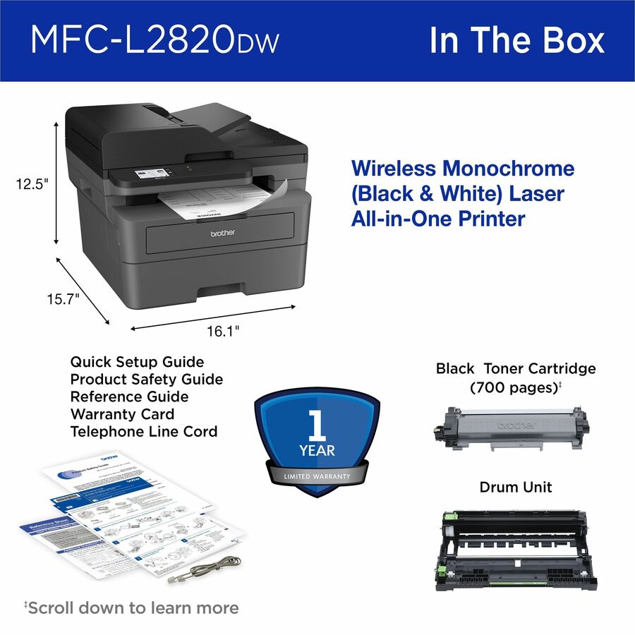 Brother MFC-L2820DW Wireless Laser Multifunction Printer - Monochrome - Gray MFCL2820DW