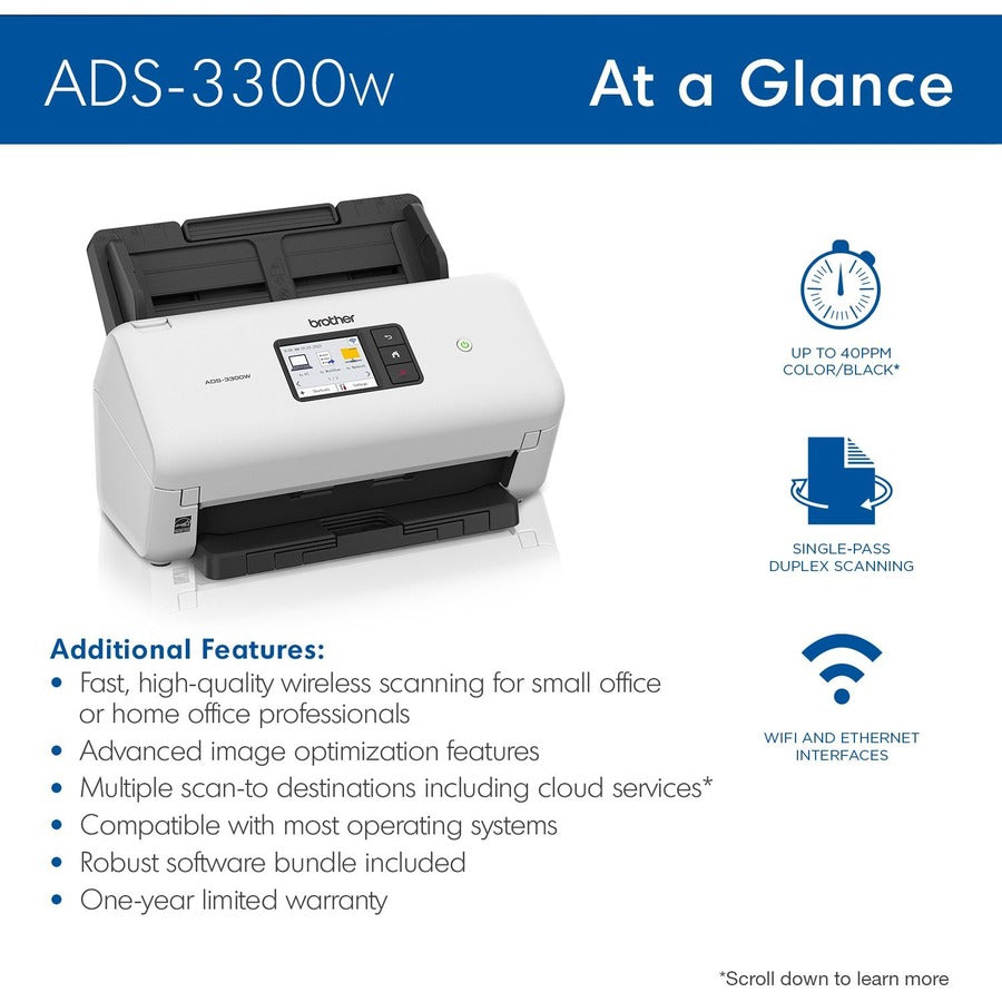 Brother ADS-3300W Sheetfed Scanner - 600 x 600 dpi Optical ADS3300W