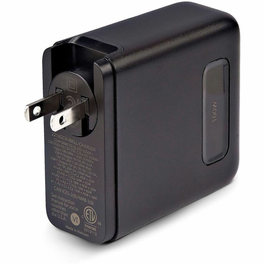 Chargeur mural USB-C 100 W StarTech.com, 2 x USB-C, 2 x USB-A, adaptateur secteur portable GaN à charge rapide, PD 3.0, câble USB-C vers USB-C de 1,8 m 2210GCN-WALL-CHARGER