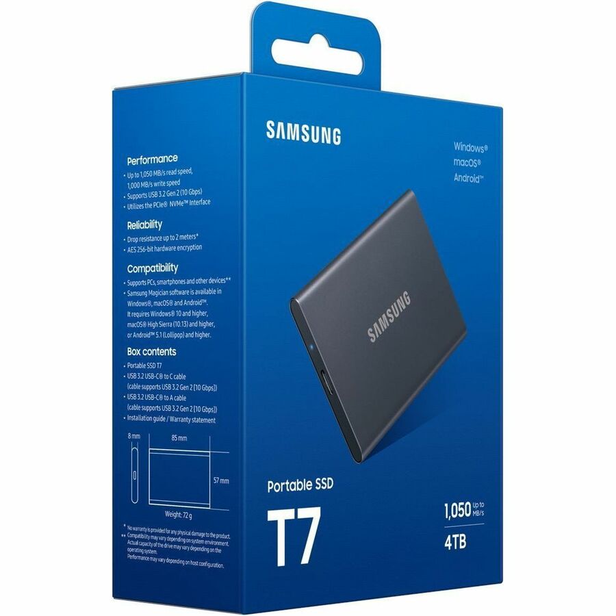 Disque SSD portable Samsung T7 4 To - Externe - PCI Express NVMe - Gris Titane MU-PC4T0T/AM