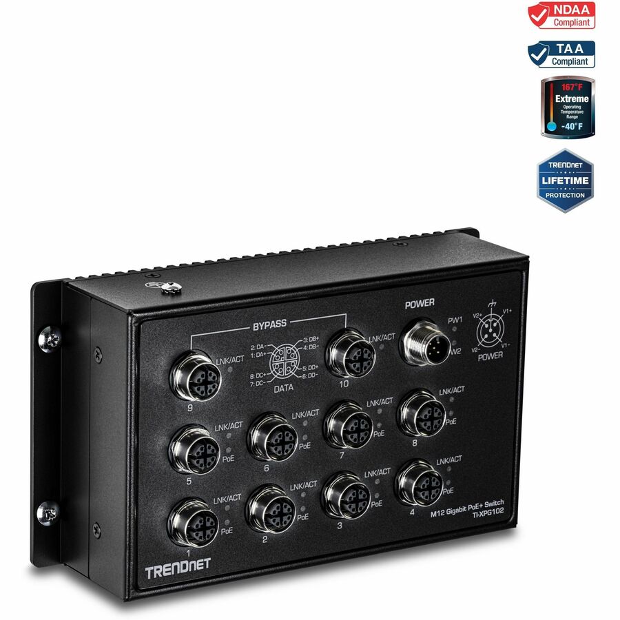 Commutateur ferroviaire industriel TRENDnet 10 ports EN 50155 M12 Gigabit PoE+ TI-XPG102