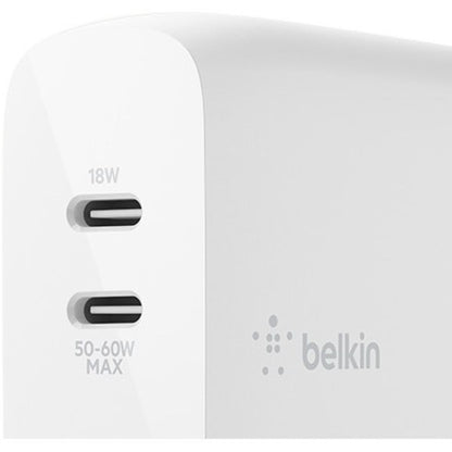 Belkin BoostCharge Dual USB-C Power Delivery GaN Wall Charger 68W Laptop Chromebook Charging - Power Adapter WCH003DQWH