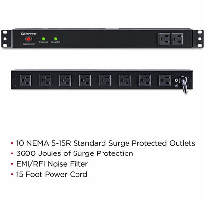 CyberPower Rackbar Surge Suppressor RM 1U RKBS15S2F8R 15A 10-Outlet RKBS15S2F8R