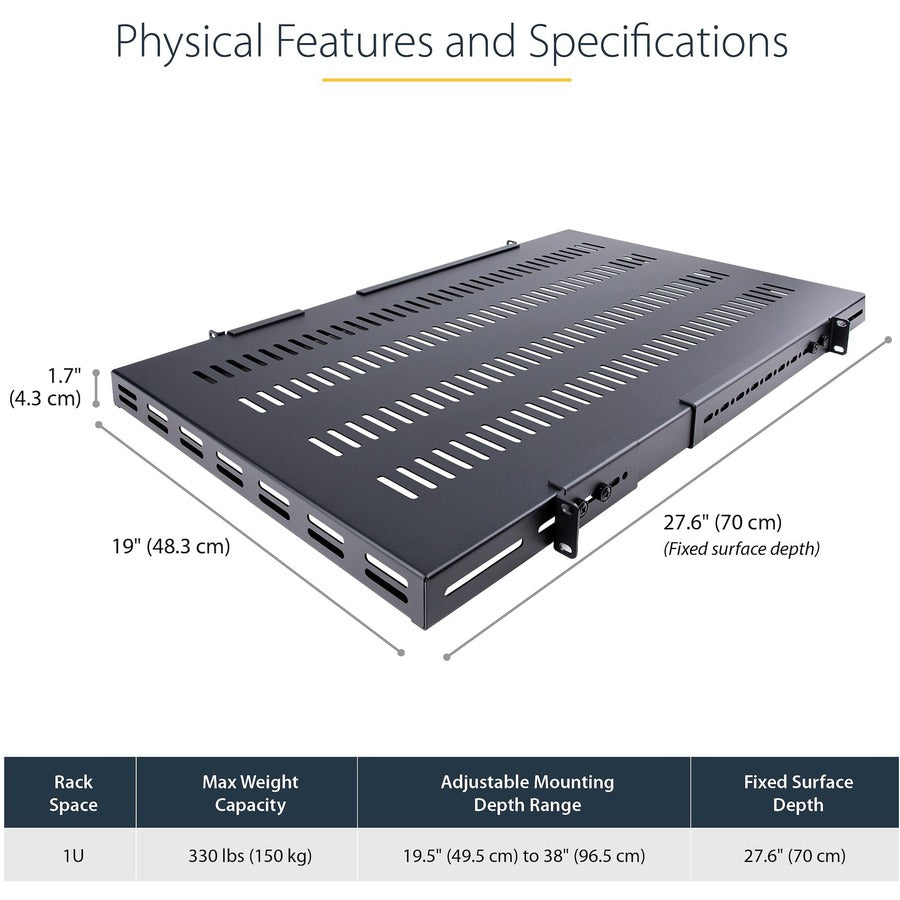 StarTech.com Étagère de montage en rack ventilée à 4 montants 1U de 19,5 à 38 pouces de profondeur de montage réglable - Étagère de rack fixe robuste - 330 lb / 150 kg - 27,5 pouces de profondeur ADJSHELFHDV
