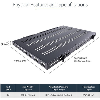 StarTech.com Étagère de montage en rack ventilée à 4 montants 1U de 19,5 à 38 pouces de profondeur de montage réglable - Étagère de rack fixe robuste - 330 lb / 150 kg - 27,5 pouces de profondeur ADJSHELFHDV